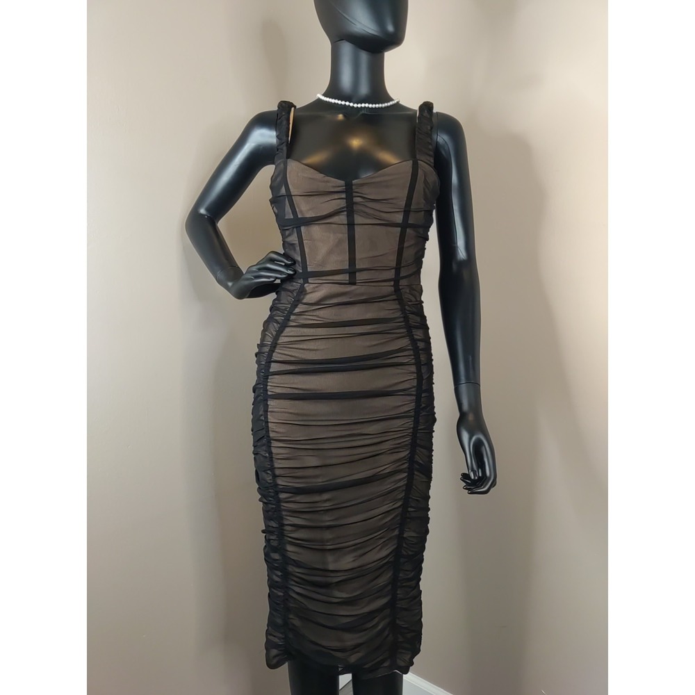 Charmed Hearts Black Mesh Nude Lined Stretch Ruched Sexy Dress Size M